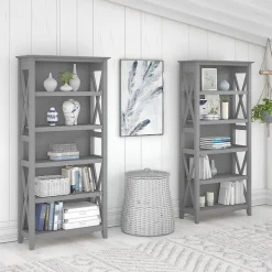 Bush Furniture Key West 66"H 5-Shelf Bookcase with Adjustable Shelves, Cape Cod Gray Laminated Wood, 2/Set (KWS046CG)