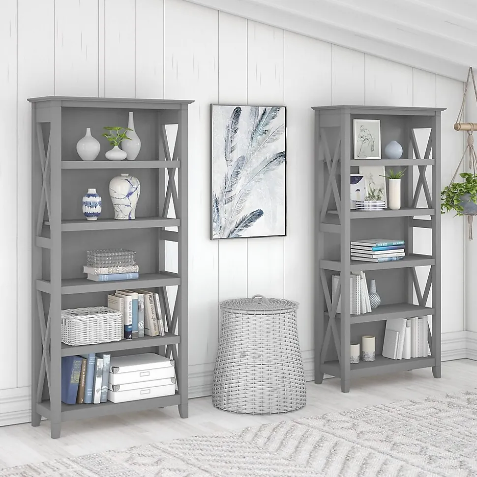 Bush Furniture Key West 66"H 5-Shelf Bookcase with Adjustable Shelves, Cape Cod Gray Laminated Wood, 2/Set (KWS046CG)