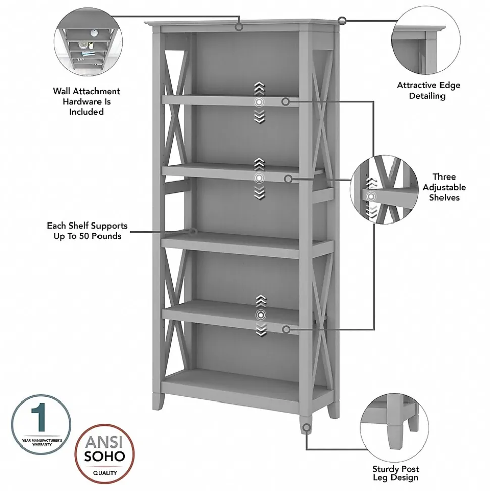 Bush Furniture Key West 66"H 5-Shelf Bookcase with Adjustable Shelves, Cape Cod Gray Laminated Wood, 2/Set (KWS046CG)