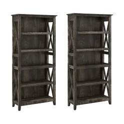 Bush Furniture Key West 66"H 5-Shelf Bookcase with Adjustable Shelves, Dark Gray Hickory Wood, 2/Set (KWS046GH)
