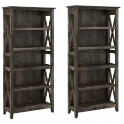 Bush Furniture Key West 66"H 5-Shelf Bookcase with Adjustable Shelves, Dark Gray Hickory Wood, 2/Set (KWS046GH)