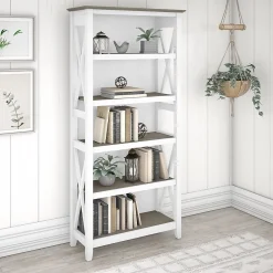 Bush Furniture Key West 5-Shelf 66"H Bookcase, Shiplap Gray/Pure White (KWB132G2W-03)