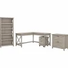 Bush Furniture Key West 60"W L Shaped Desk with File Cabinets and 5 Shelf Bookcase, Washed Gray (KWS017WG)