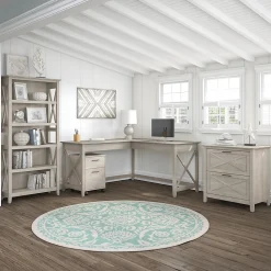 Bush Furniture Key West 60"W L Shaped Desk with File Cabinets and 5 Shelf Bookcase, Washed Gray (KWS017WG)