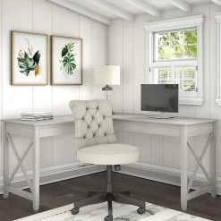 Bush Furniture Key West 60"W L Shaped Desk with Mid Back Tufted Office Chair, Linen White Oak (KWS045LW)