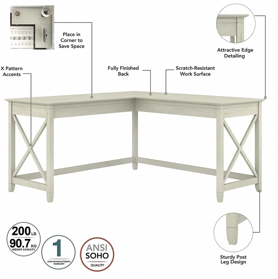 Bush Furniture Key West 60"W L Shaped Desk with Mid Back Tufted Office Chair, Linen White Oak (KWS045LW)