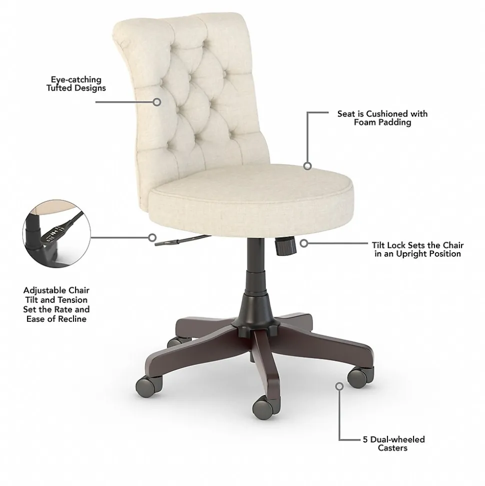 Bush Furniture Key West 60"W L Shaped Desk with Mid Back Tufted Office Chair, Linen White Oak (KWS045LW)