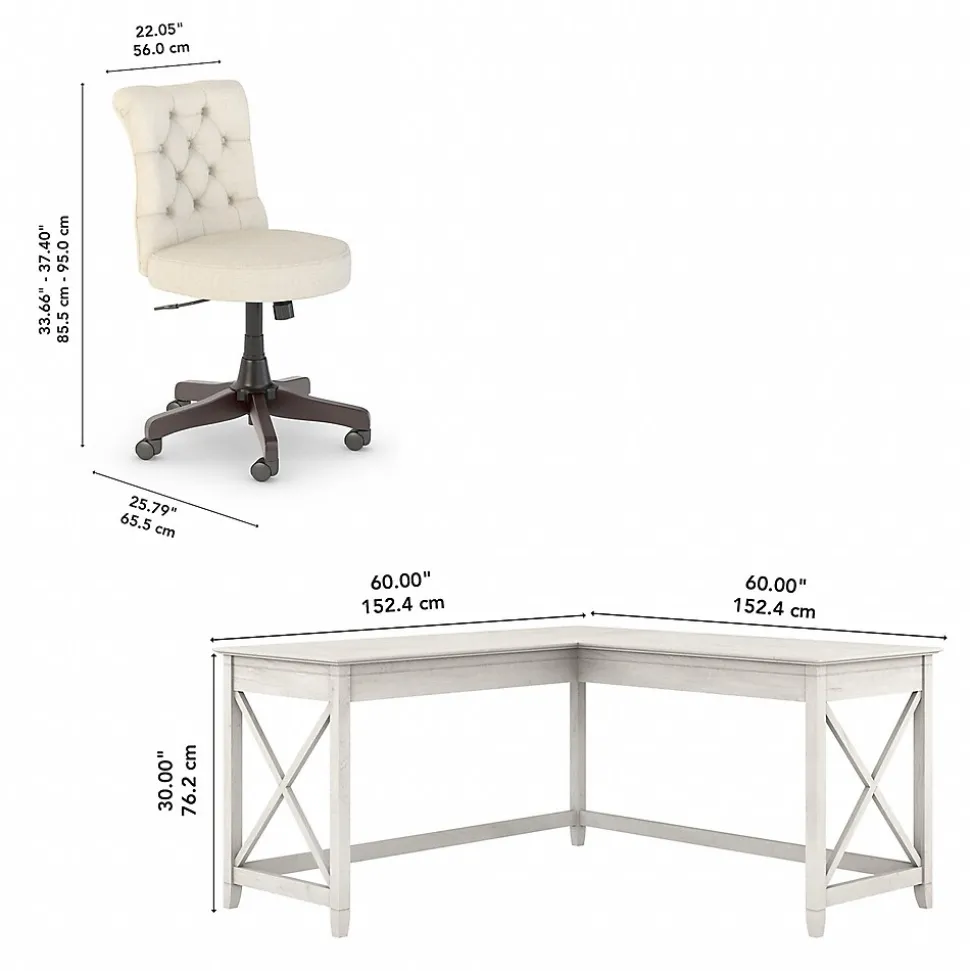 Bush Furniture Key West 60"W L Shaped Desk with Mid Back Tufted Office Chair, Linen White Oak (KWS045LW)