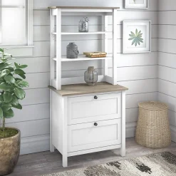Bush Furniture Mayfield 2-Shelf 66"H Standard Bookcase with Drawers, Pure White/Shiplap Gray (MAY018GW2)