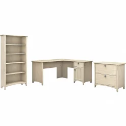 Bush Furniture Salinas 60"W L Shaped Desk with Lateral File Cabinet and 5 Shelf Bookcase, Antique White (SAL003AW)