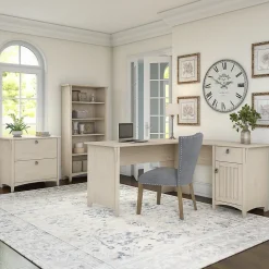 Bush Furniture Salinas 60"W L Shaped Desk with Lateral File Cabinet and 5 Shelf Bookcase, Antique White (SAL003AW)