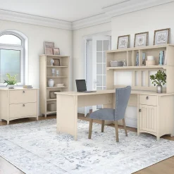 Bush Furniture Salinas 60"W L Shaped Desk with Hutch, Lateral File Cabinet and 5 Shelf Bookcase, Antique White (SAL007AW)
