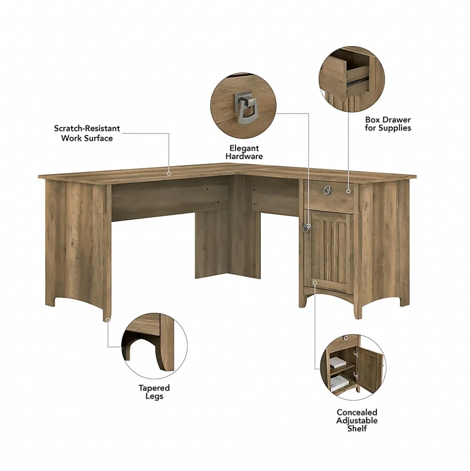Bush Furniture Salinas 60"W L Shaped Desk with Hutch, Lateral File Cabinet and 5 Shelf Bookcase, Reclaimed Pine (SAL007RCP)
