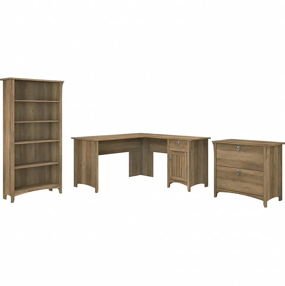 Bush Furniture Salinas 60"W L Shaped Desk with Lateral File Cabinet and 5 Shelf Bookcase, Reclaimed Pine (SAL003RCP)