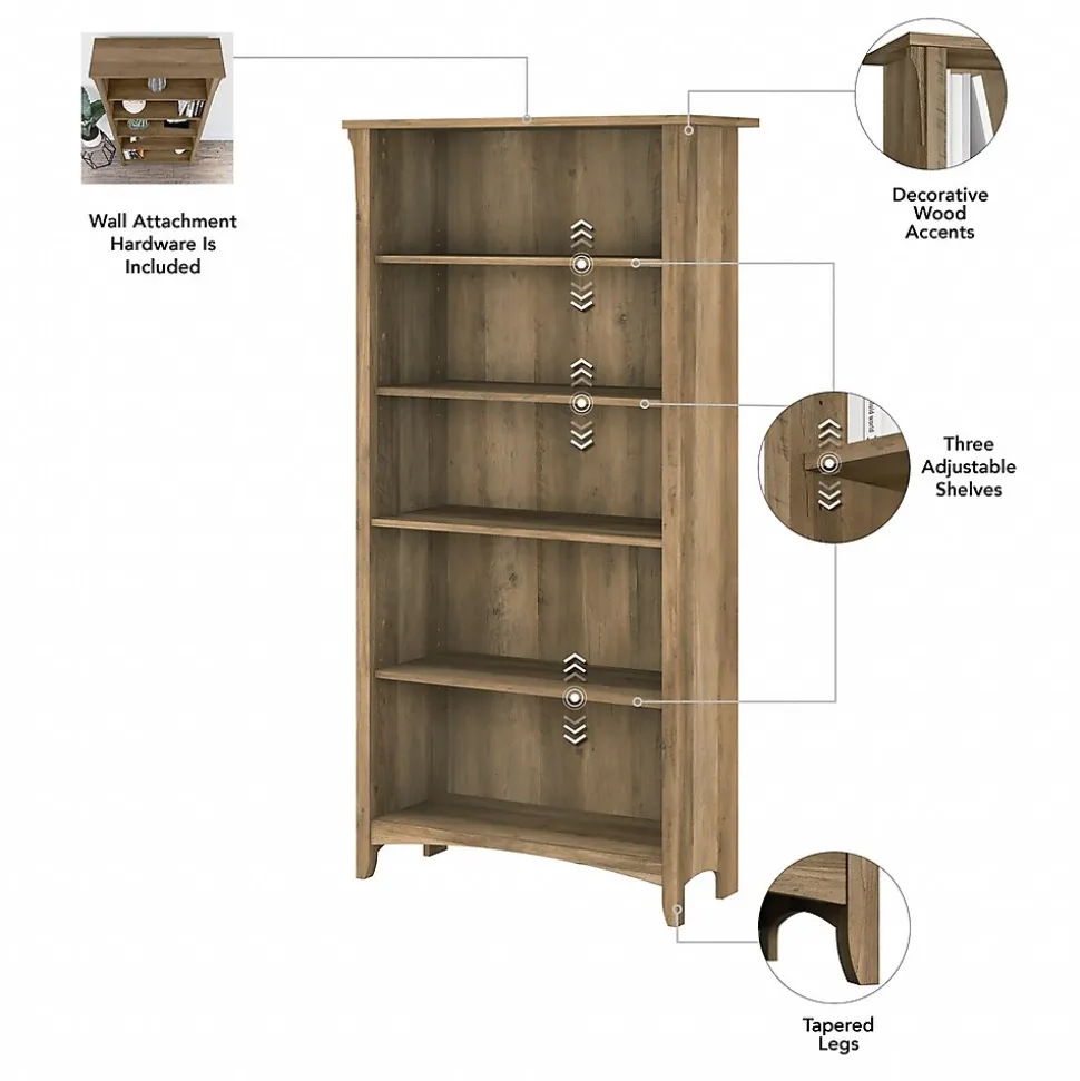 Bush Furniture Salinas 60"W L Shaped Desk with Lateral File Cabinet and 5 Shelf Bookcase, Reclaimed Pine (SAL003RCP)