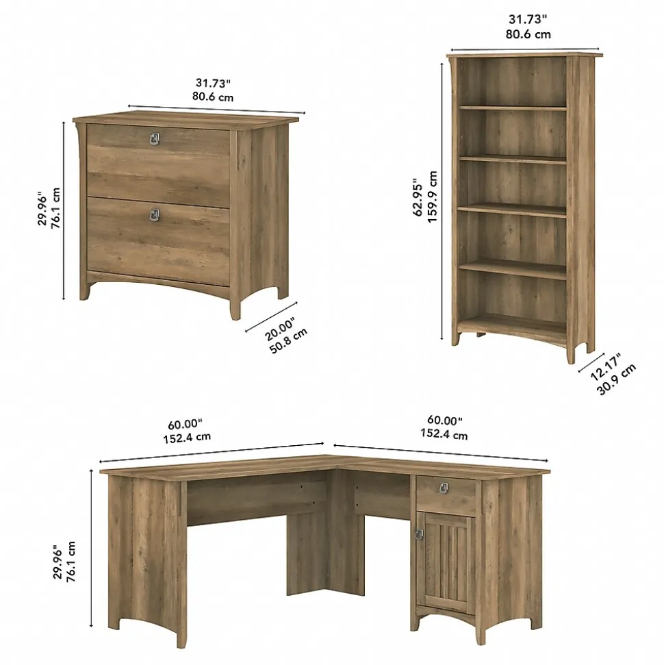 Bush Furniture Salinas 60"W L Shaped Desk with Lateral File Cabinet and 5 Shelf Bookcase, Reclaimed Pine (SAL003RCP)