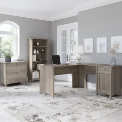 Bush Furniture Salinas 60"W L Shaped Desk with Lateral File Cabinet and 5 Shelf Bookcase, Driftwood Gray (SAL003DG)