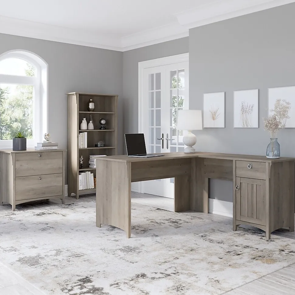 Bush Furniture Salinas 60"W L Shaped Desk with Lateral File Cabinet and 5 Shelf Bookcase, Driftwood Gray (SAL003DG)