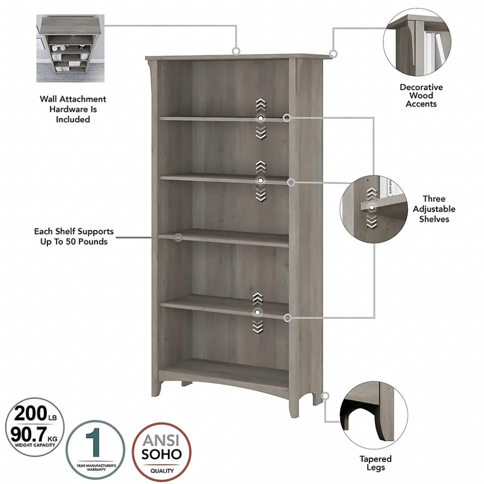 Bush Furniture Salinas 60"W L Shaped Desk with Lateral File Cabinet and 5 Shelf Bookcase, Driftwood Gray (SAL003DG)