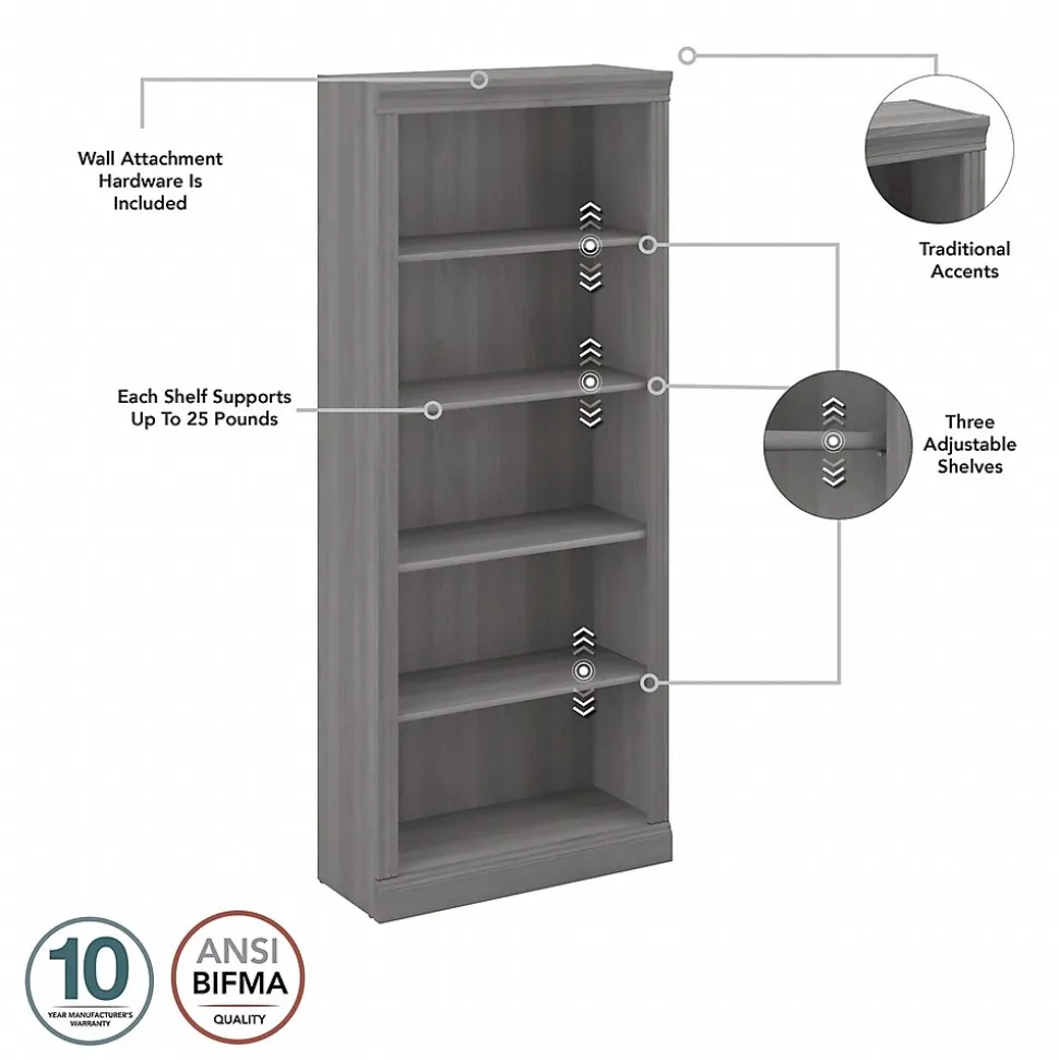 Bush Furniture Saratoga 72"H 5-Shelf Bookcase with Adjustable Shelves, Modern Gray Laminate (W1655C-03)
