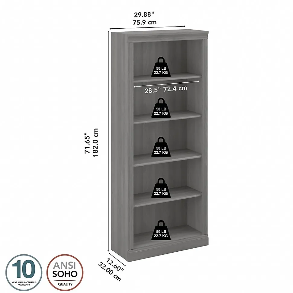 Bush Furniture Saratoga 72"H 5-Shelf Bookcase with Adjustable Shelves, Modern Gray Laminate (W1655C-03)
