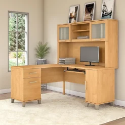 Bush Furniture Somerset 60"W L Shaped Desk with Hutch, Maple Cross (SET002MC)