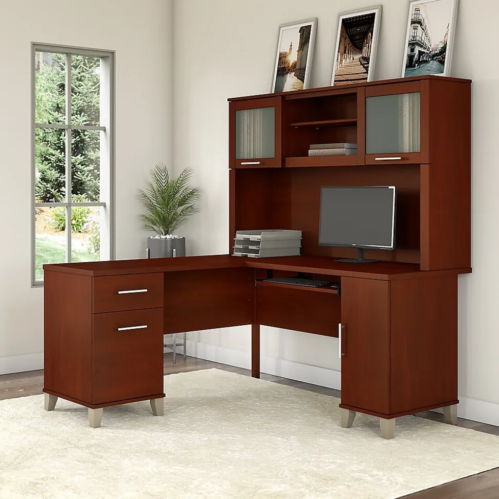 Bush Furniture Somerset 60"W L Shaped Desk with Hutch, Hansen Cherry (SET002HC)