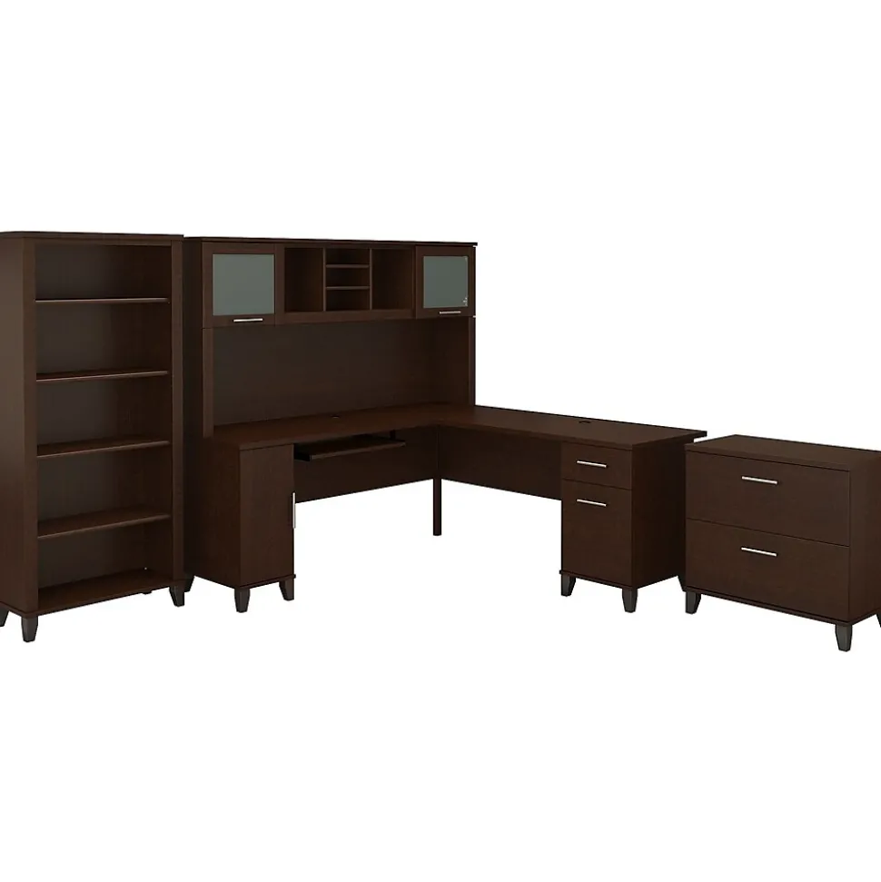 Bush Furniture Somerset 72"W L Shaped Desk with Hutch, Lateral File Cabinet and Bookcase, Mocha Cherry (SET012MR)