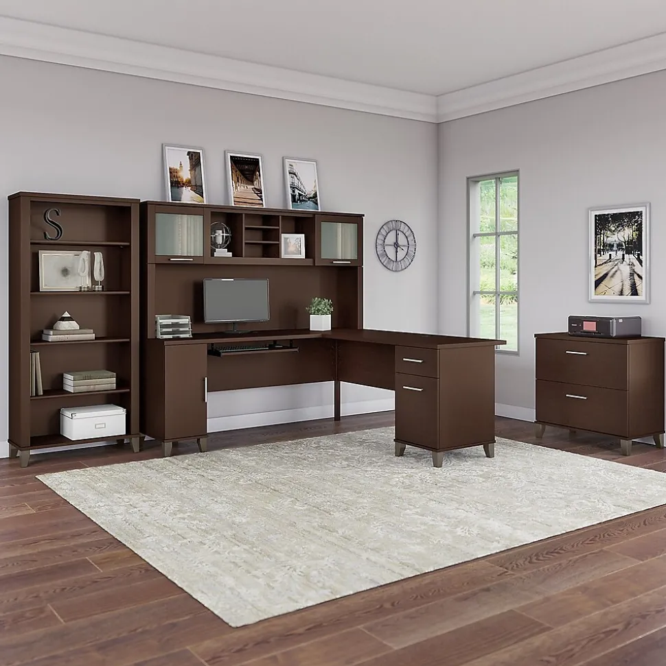 Bush Furniture Somerset 72"W L Shaped Desk with Hutch, Lateral File Cabinet and Bookcase, Mocha Cherry (SET012MR)