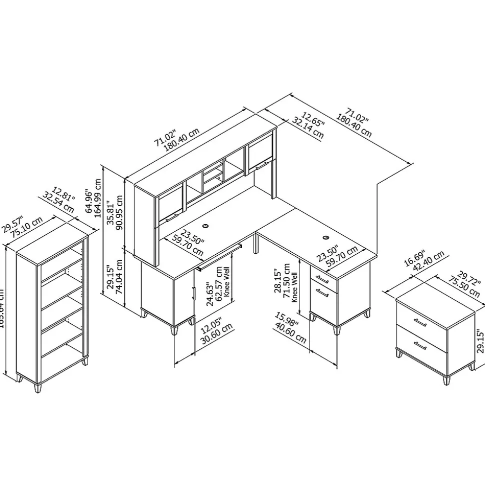 Bush Furniture Somerset 72"W L Shaped Desk with Hutch, Lateral File Cabinet and Bookcase, Mocha Cherry (SET012MR)