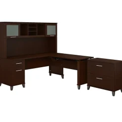 Bush Furniture Somerset 72"W 3 Position Sit to Stand L Shaped Desk with Hutch and File Cabinet, Mocha Cherry (SET016MR)