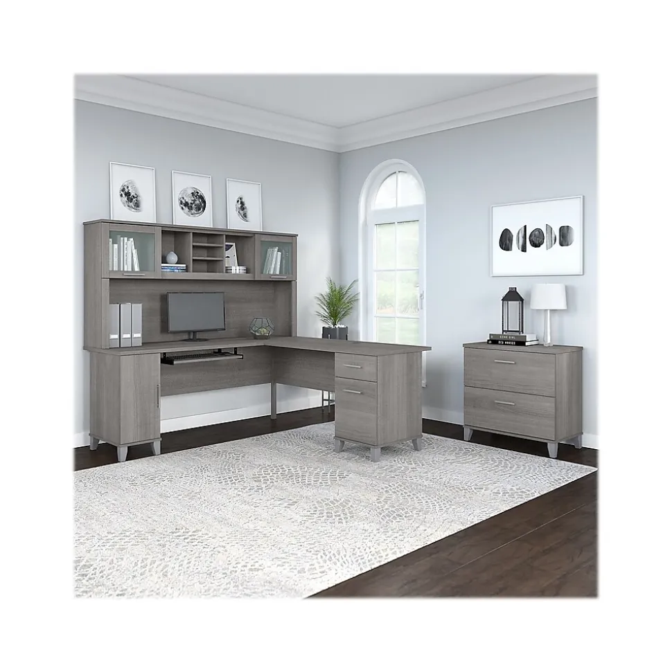 Bush Furniture Somerset 72"W L Shaped Desk with Hutch and Lateral File Cabinet, Platinum Gray (SET009PG)