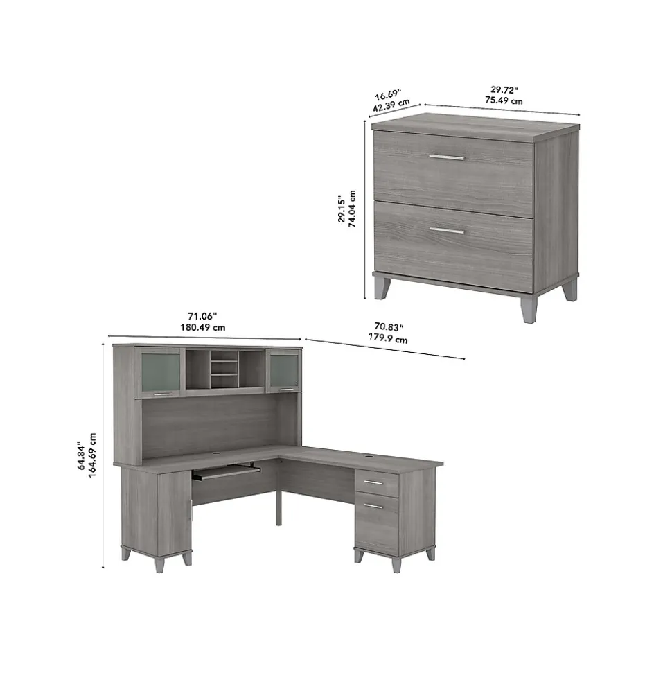 Bush Furniture Somerset 72"W L Shaped Desk with Hutch and Lateral File Cabinet, Platinum Gray (SET009PG)