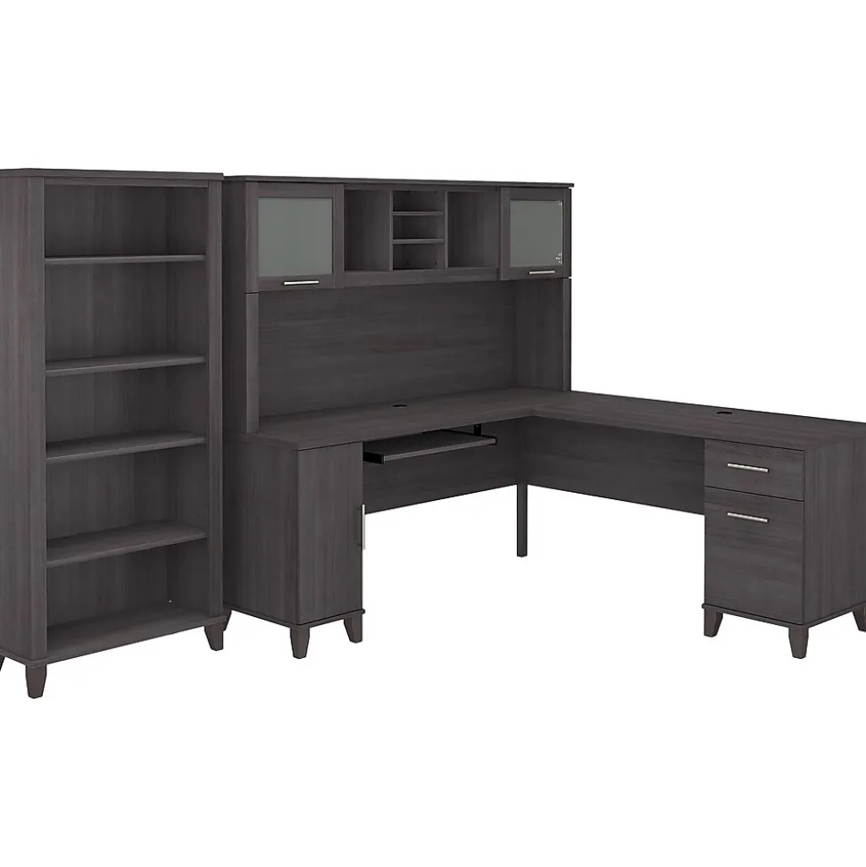 Bush Furniture Somerset 72"W L Shaped Desk with Hutch and 5 Shelf Bookcase, Storm Gray (SET011SG)