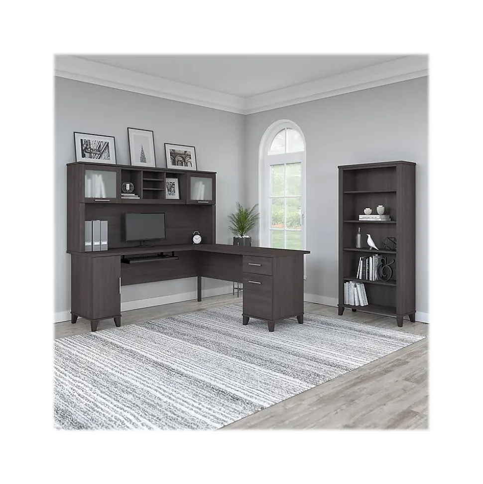 Bush Furniture Somerset 72"W L Shaped Desk with Hutch and 5 Shelf Bookcase, Storm Gray (SET011SG)