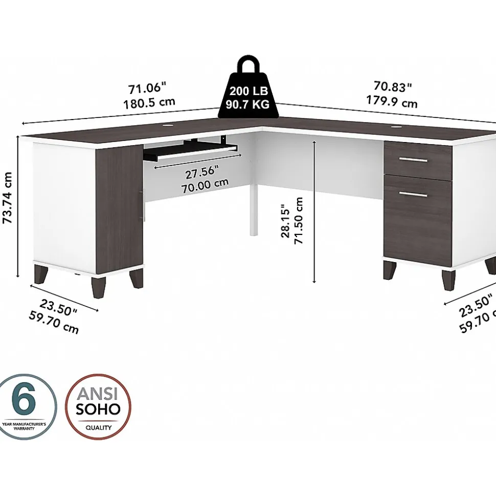 Bush Furniture Somerset 72"W L Shaped Desk with Storage, Storm Gray/White (WC81010K)