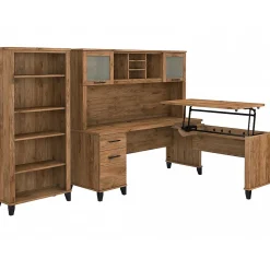 Bush Furniture Somerset 72"W 3 Position Sit to Stand L Shaped Desk with Hutch and Bookcase, Fresh Walnut (SET017FW)
