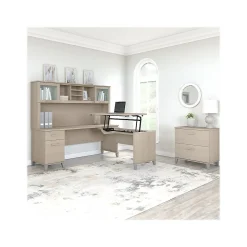 Bush Furniture Somerset 72"W 3 Position Sit to Stand L Shaped Desk with Hutch and File Cabinet, Sand Oak (SET016SO)