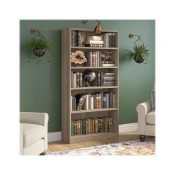 Bush Furniture Universal 72"H 5-Shelf Bookcase with Adjustable Shelves, Ash Gray Laminated Wood (WL12427)