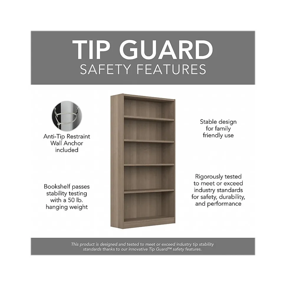 Bush Furniture Universal 72"H 5-Shelf Bookcase with Adjustable Shelves, Ash Gray Laminated Wood (WL12427)