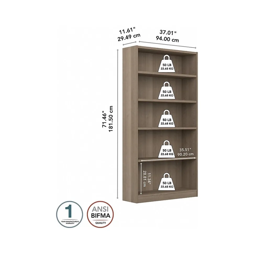 Bush Furniture Universal 72"H 5-Shelf Bookcase with Adjustable Shelves, Ash Gray Laminated Wood (WL12427)