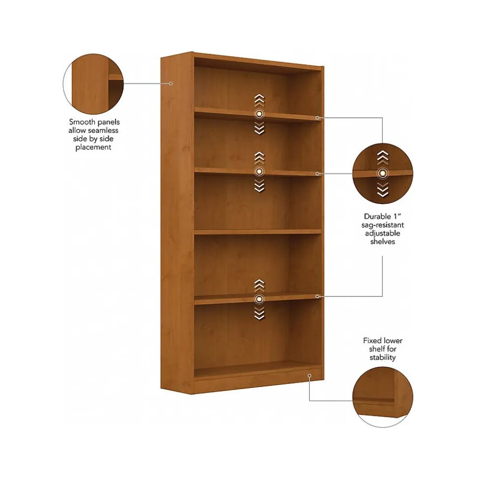 Bush Furniture Universal 72"H 5-Shelf Bookcase with Adjustable Shelves, Natural Cherry Laminated Wood (WL12467)