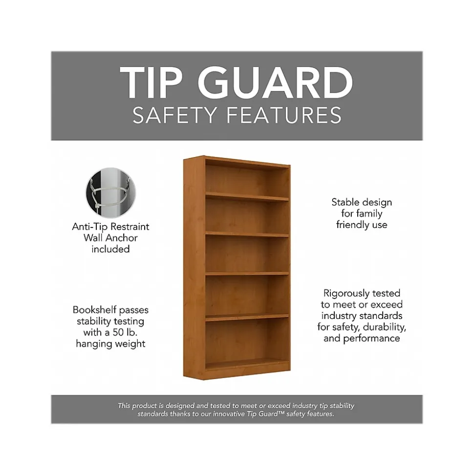 Bush Furniture Universal 72"H 5-Shelf Bookcase with Adjustable Shelves, Natural Cherry Laminated Wood (WL12467)