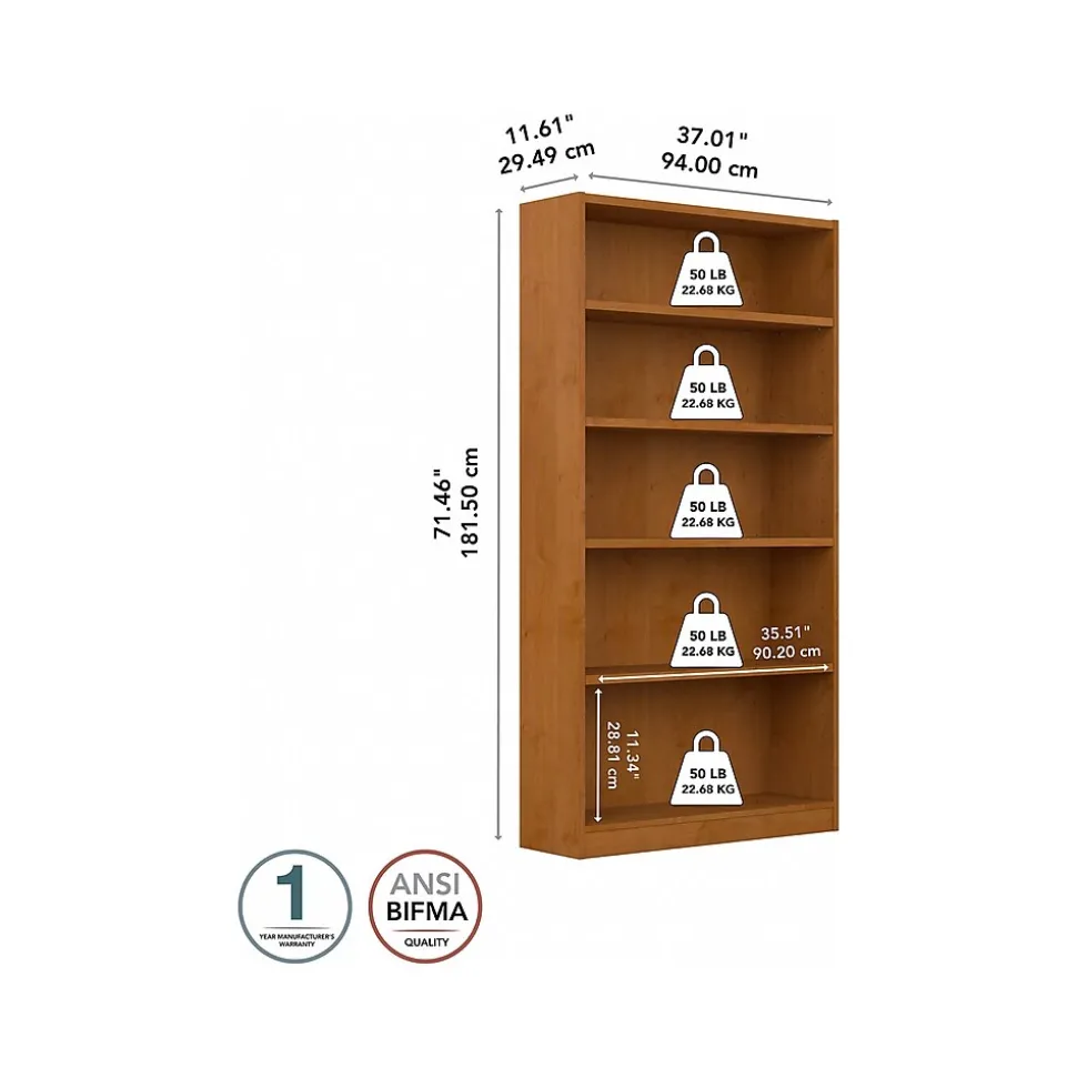Bush Furniture Universal 72"H 5-Shelf Bookcase with Adjustable Shelves, Natural Cherry Laminated Wood (WL12467)