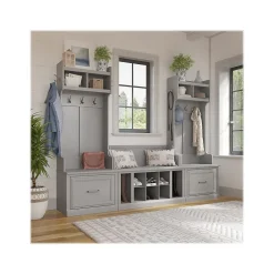 Bush Furniture Woodland Entryway Storage Set with Hall Trees and Shoe Bench with Drawers, Cape Cod Gray (WDL012CG)