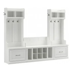 Bush Furniture Woodland Entryway Storage Set with Hall Trees and Shoe Bench with Drawers, White Ash (WDL012WAS)