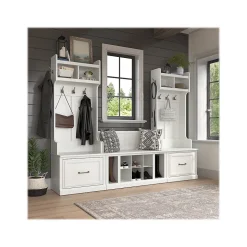 Bush Furniture Woodland Entryway Storage Set with Hall Trees and Shoe Bench with Drawers, White Ash (WDL012WAS)