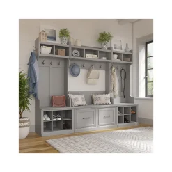 Bush Furniture Woodland Full Entryway Storage Set with Coat Rack and Shoe Bench with Doors, Cape Cod Gray (WDL013CG)