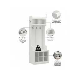 Bush Furniture Woodland Full Entryway Storage Set with Coat Rack and Shoe Bench with Doors, White Ash (WDL013WAS)