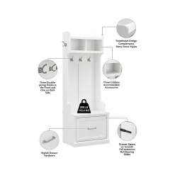 Bush Furniture Woodland Full Entryway Storage Set with Coat Rack and Shoe Bench with Drawers, White Ash (WDL014WAS)